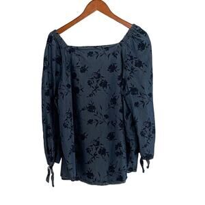 Liz Claiborne Cotton Blend 3/4 Tie Sleeve Floral Chambray Square Neck Top XL